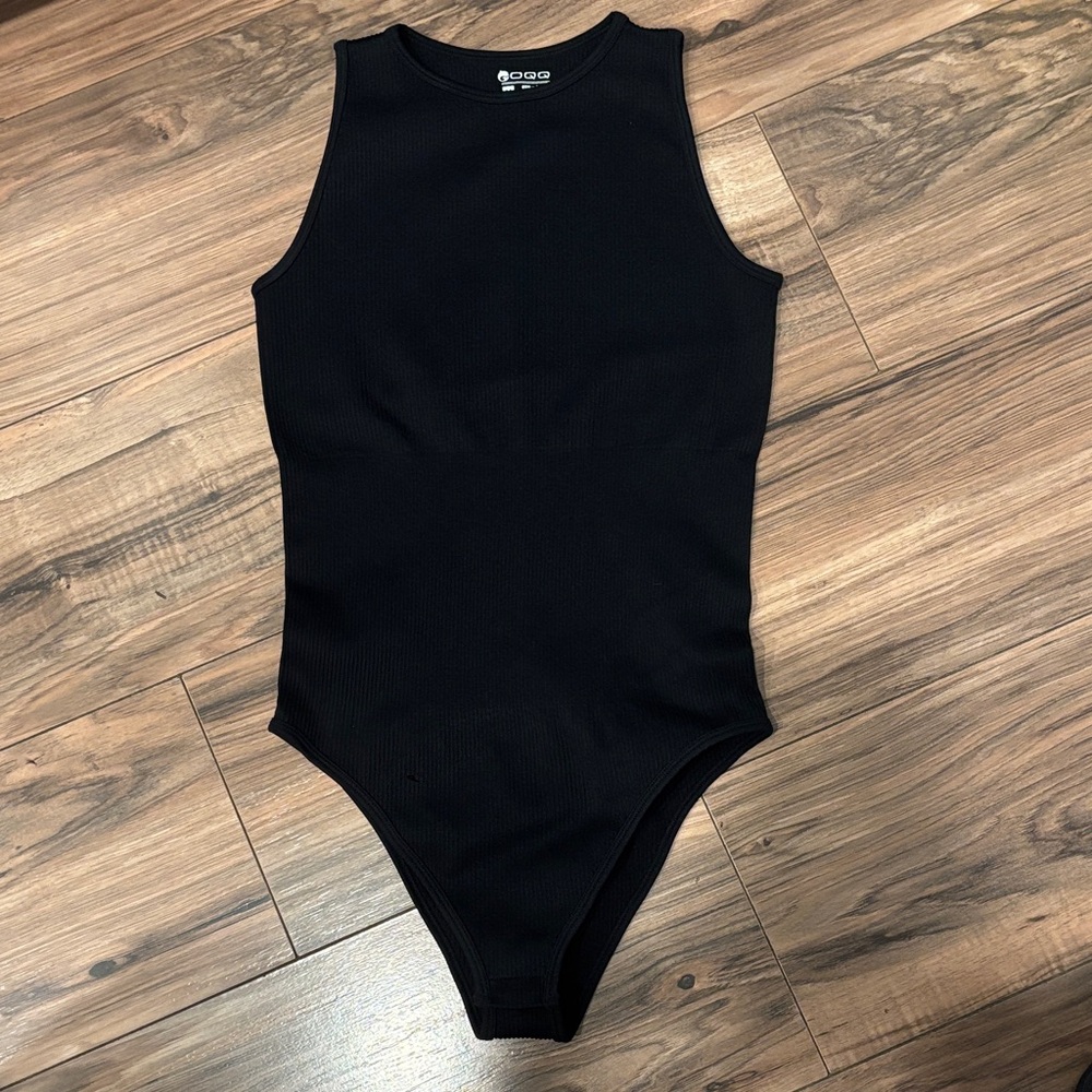 Like New OQQ Medium Black High Neck Bodysuit Snap Bottom Tank Casual Dressy Top